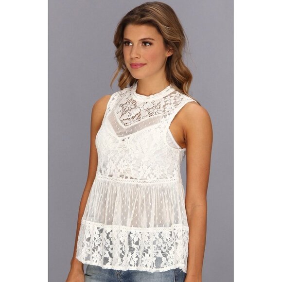 Free People White Vintage Inspired Sheer Floral Lace Mock Neck Casual Boho Top - Picture 5 of 16